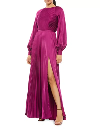 Pre-owned Mac Duggal Ieena  Berry Pleated Long Sleeve Satin A-line Gown Size 12 $458 In Red