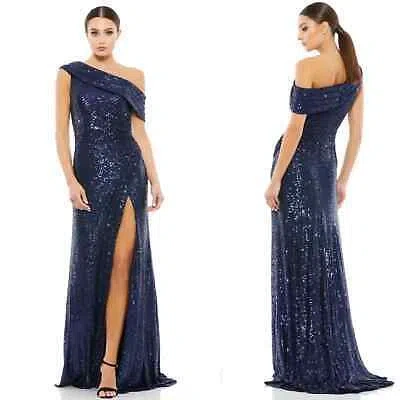 Pre-owned Mac Duggal Ieena  Side Slit One Shoulder Sequin Gown - Midnight - 4 -