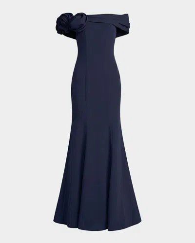 Mac Duggal Ieena One Satin Off-the-shoulder Gown In Blue