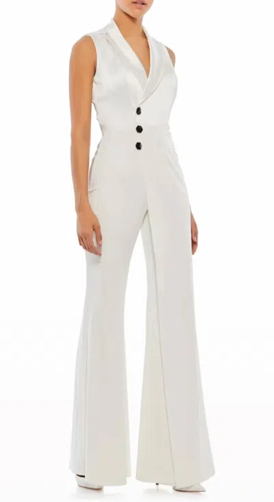 Mac Duggal Ieena Satin Wide Leg Tuxedo Jumpsuit In White