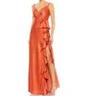 Mac Duggal Ieena V-neck Spaghetti Strap Satin Gown In Spice In White