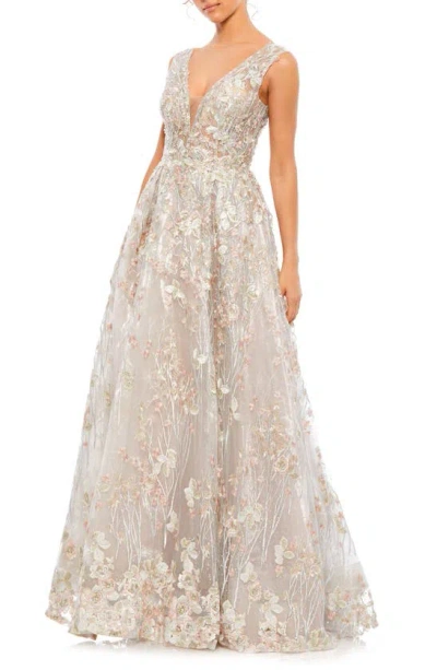 Mac Duggal Illusion Embroidered Sequin Sleeveless Gown In Cream Multi