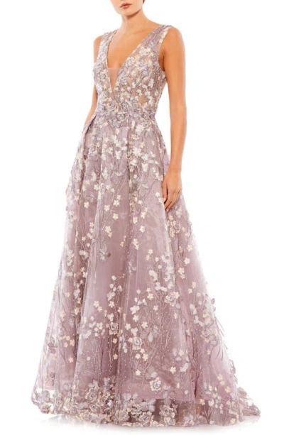 Mac Duggal Illusion Embroidered Sequin Sleeveless Gown In Lilac