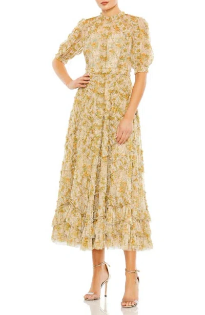 Mac Duggal Illusion High Neck Mesh Puff Sleeve Floral Print Dress In Yellow Multi