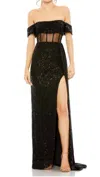Mac Duggal Illusion Midriff Corset Off-the-shoulder Dress In Black In Black