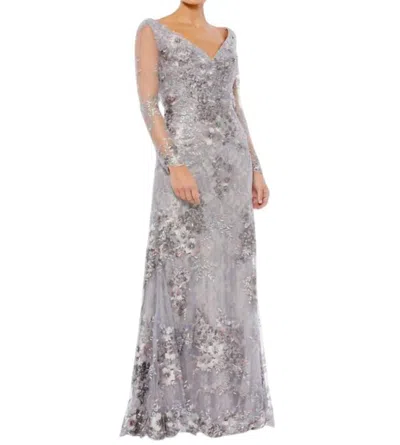 Mac Duggal Illusion Sleeve Lace Dress In Platinum In Gray