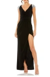 Mac Duggal V-neck Embellished Cap Sleeve Faux Wrap Slit Gown In Black