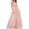 Mac Duggal Rosette One-shoulder Iridescent Ball Gown In Rose Gold