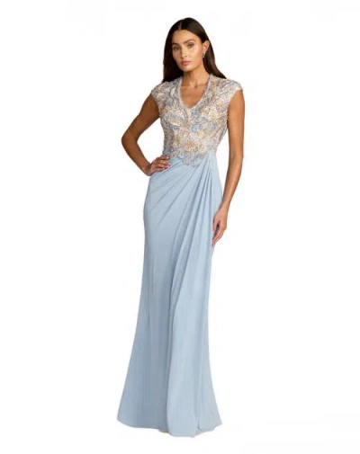 Mac Duggal Jersey Beaded Embroidered V Neck Cap Sleeve Gown In Blue