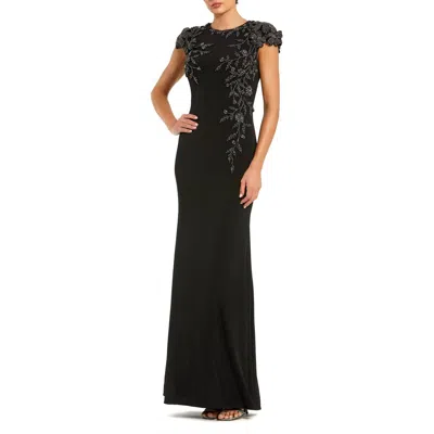 Mac Duggal Jersey Cap Sleeve Fitted Gown With Beaded Flowers In Black