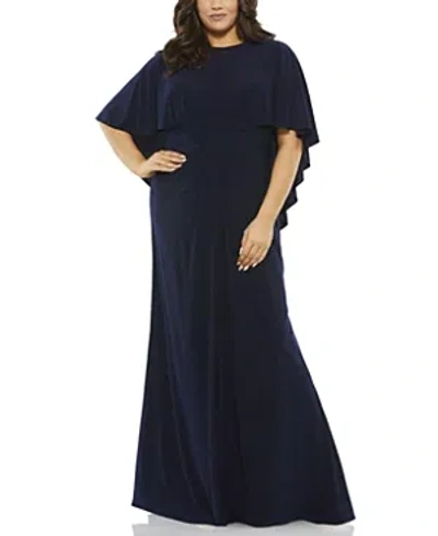 Mac Duggal Navy Jersey Cape Sleeve A Line Gown (plus)