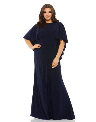 Mac Duggal Jersey Cape Sleeve A Line Gown (plus) In Blue