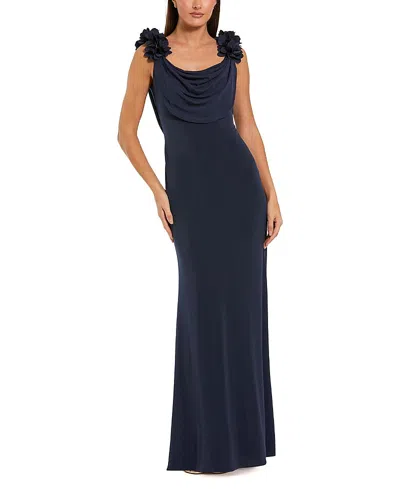 Mac Duggal Jersey Cowl Neck Gown With 3d Flower Straps In Blue