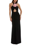 Mac Duggal Jersey Crossover Halter Neck Gown With 3d Flower In Black Pink