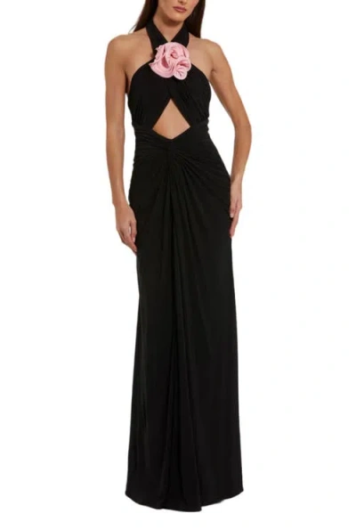 MAC DUGGAL MAC DUGGAL JERSEY CROSSOVER HALTER NECK GOWN WITH 3D FLOWER