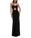 Mac Duggal Jersey Crossover Halter Neck Gown With 3d Flower In Black Pink