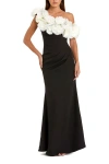 Mac Duggal Jersey Gown With 3d Flower Off The Shoulder Detail In Black Cream