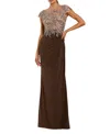 Mac Duggal Jersey Gown With Crystal Applique Sheer Bodice In Brown