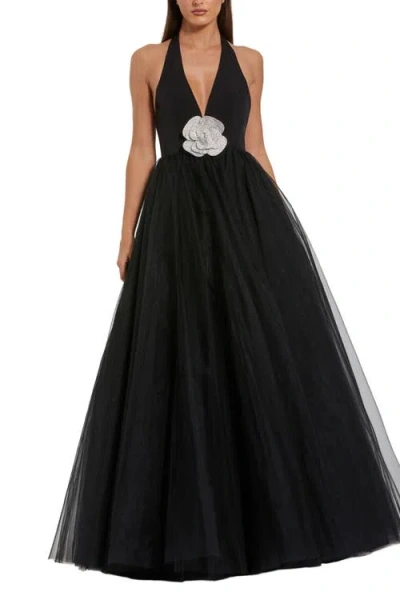 Mac Duggal Jersey Halter Ballgown With Tulle Skirt & Flower In Gold