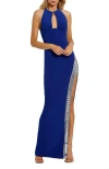 Mac Duggal Rhinestone Slit Halter Neck Jersey Sheath Gown In Blue