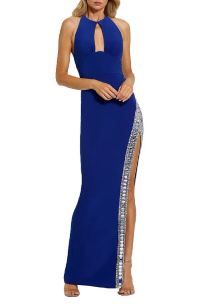 Mac Duggal Rhinestone Slit Halter Neck Jersey Sheath Gown In Cobalt