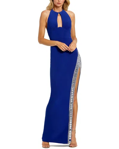 Mac Duggal Jersey Halter Neck Beaded Slit Detail Gown In Blue