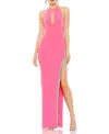 Mac Duggal Rhinestone Slit Halter Neck Jersey Sheath Gown In Candy Pink