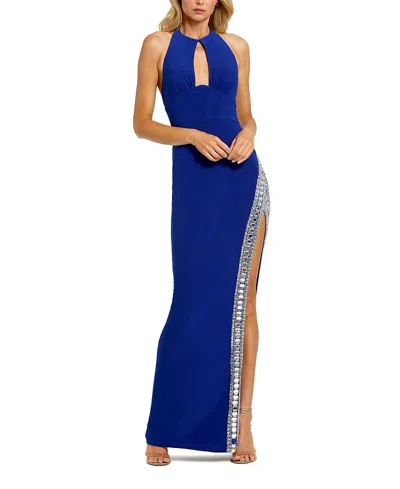 MAC DUGGAL JERSEY HALTER NECK BEADED SLIT DETAIL GOWN