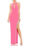 Mac Duggal Rhinestone Slit Halter Neck Jersey Sheath Gown In Pink