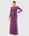 Mac Duggal Jersey High Neck Long Sleeve Embellished Gown In Heather