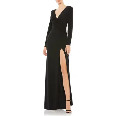 Mac Duggal Jersey Long Sleeve Asymmetrical Ruched Gown In Black