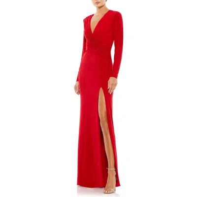 MAC DUGGAL MAC DUGGAL JERSEY LONG SLEEVE ASYMMETRICAL RUCHED GOWN