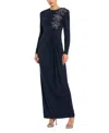 Mac Duggal Jersey Long Sleeve Fitted Gown With 3d Flowers In Midnight