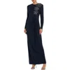 Mac Duggal Jersey Long Sleeve Fitted Gown With 3d Flowers In Midnight