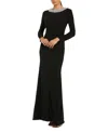 Mac Duggal Jersey Long Sleeve Fitted Gown With Beaded Neck In Black