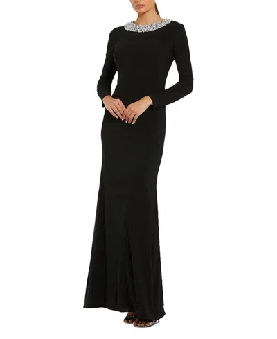 MAC DUGGAL JERSEY LONG SLEEVE FITTED GOWN WITH BEADED NECK