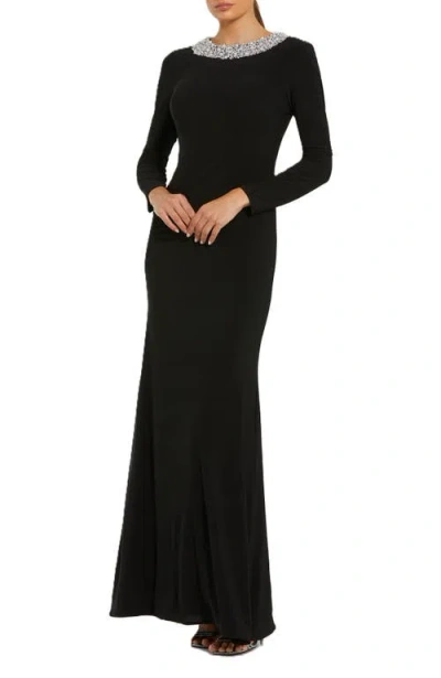 Mac Duggal Jersey Long Sleeve Fitted Gown With Beaded Neck In Black