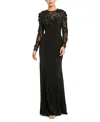 Mac Duggal Jersey Long Sleeve Fitted Gown With Floral Beading In Black