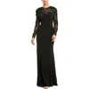 Mac Duggal Jersey Long Sleeve Fitted Gown With Floral Beading In Black