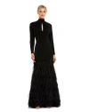 Mac Duggal Jersey Long Sleeve High Neck Keyhole Cutout Feather Detail Gown In Black