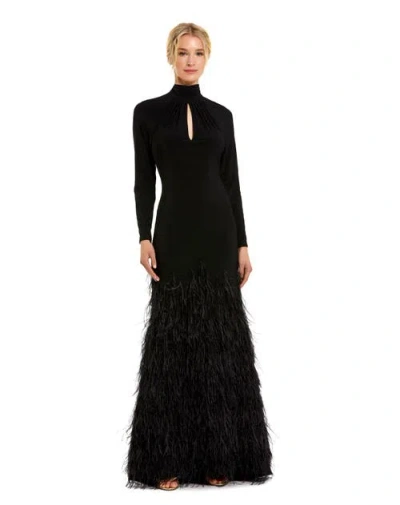 MAC DUGGAL MAC DUGGAL JERSEY LONG SLEEVE HIGH NECK FEATHER GOWN