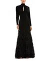 Mac Duggal Jersey Long Sleeve High Neck Keyhole Cutout Feather Detail Gown In Black