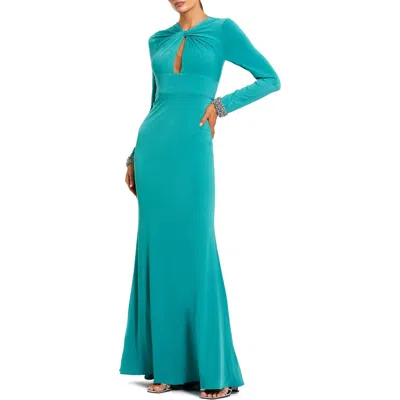 Mac Duggal Jersey Long Sleeve Twist Neck Evening Gown In Blue