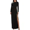 Mac Duggal Jersey Long Sleeve Weap Gown With Beaded Shoulder In Black