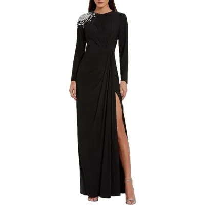 MAC DUGGAL MAC DUGGAL JERSEY LONG SLEEVE WRAP GOWN WITH BEADED SHOULDER