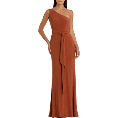 Mac Duggal Jersey One Shoulder Belted Trumpet Gown In Burgundy