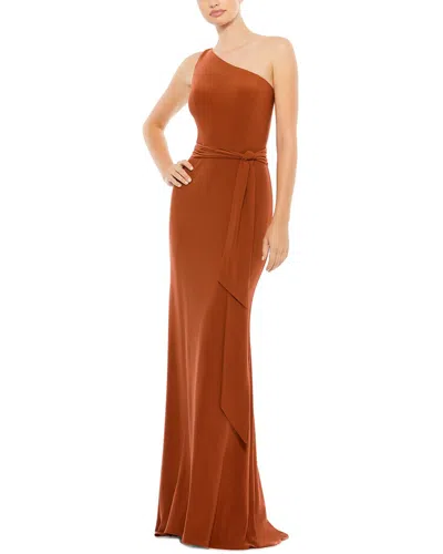Mac Duggal Jersey One Shoulder Belted Trumpet Gown In Brown