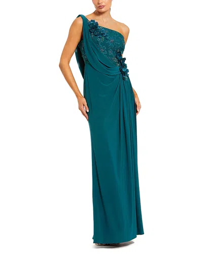 Mac Duggal Jersey One Shoulder Cowl Gown With 3d Flowers In Green