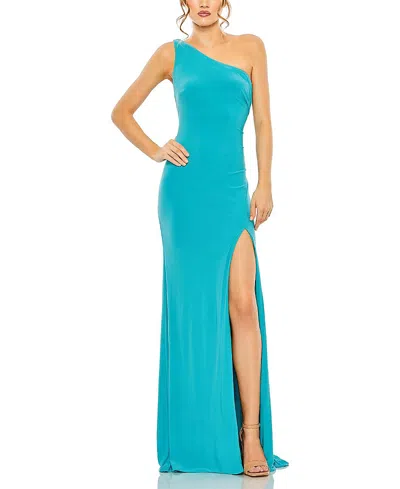 Mac Duggal Jersey One Shoulder Draped Back Gown In Blue