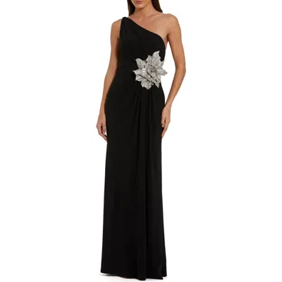 Mac Duggal Jersey One Shoulder Gown With Rhinestone Flower In Black
